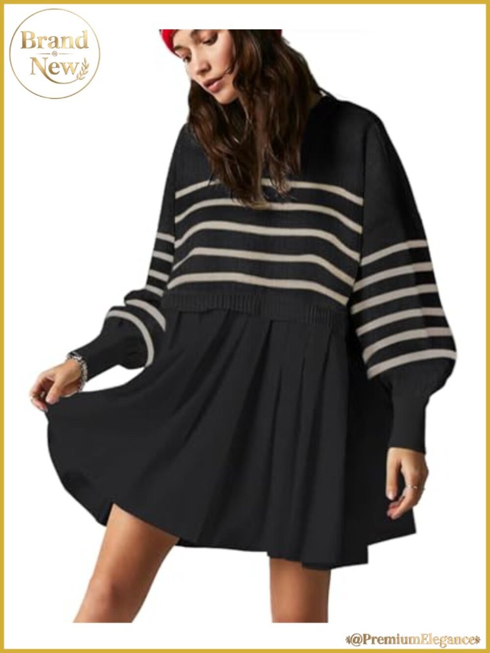 Oversized Sweater Dress Long Sleeve Striped Crewneck Mini Pullover Dress Women